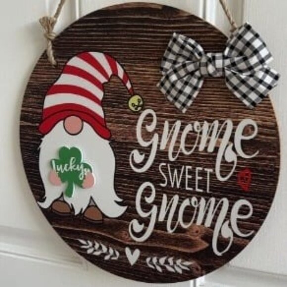 Interchangeable Seasonal Gnome Sweet Gnome Welcome Sign Front Door Decor Wooden - Picture 1 of 2